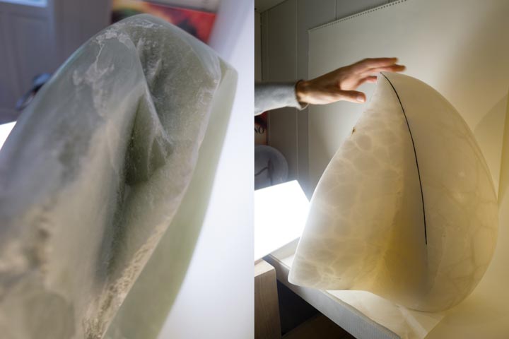 Chloe Desrousseaux, Atelier matiere, Entendre MATIERE parler, transparence albatre, cire rouge, ecorce bouleau, sculpture ecorce, sculpture